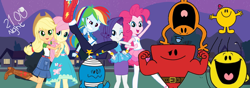 Size: 1600x561 | Tagged: safe, applejack, fluttershy, pinkie pie, rainbow dash, rarity, human, equestria girls, g4, my little pony equestria girls: better together, applejack's better together outfit, clothes, crossover, fluttershy's better together outfit, hug, mr. bounce, mr. bump, mr. happy, mr. strong, mr. tickle, night, outdoors, pinkie pie's better together outfit, pose, raglan shirt, rah rah skirt, rainbow dash's better together outfit, rarity peplum dress, rarity's better together outfit, skirt, the mr. men show