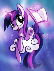 Size: 619x814 | Tagged: dead source, safe, artist:xxacidnekoxx, twilight sparkle, pony, unicorn, g4, :p, book, bow, cloud, female, full body, horn, looking at you, mare, on a cloud, smiling, smiling at you, solo, space background, sparkles, tail, tail bow, tongue out, wingding eyes