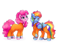 Size: 1561x1200 | Tagged: safe, artist:sekuponi, pinkie pie, rainbow dash, earth pony, pegasus, pony, g4, bound wings, chained, chains, clothes, commissioner:rainbowdash69, cuffed, duo, duo female, female, jumpsuit, never doubt rainbowdash69's involvement, prison outfit, prisoner, prisoner pp, prisoner rd, shackled, shackles, simple background, transparent background, varying degrees of want, wings