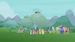 Size: 2048x1152 | Tagged: safe, edit, edited screencap, editor:pascalmulokozi2, screencap, applejack, flash magnus, fluttershy, gallus, meadowbrook, mistmane, ocellus, pinkie pie, rainbow dash, rarity, rockhoof, sandbar, sci-twi, silverstream, smolder, somnambula, spike, star swirl the bearded, sunset shimmer, twilight sparkle, yona, alicorn, changedling, changeling, classical hippogriff, dragon, earth pony, griffon, hippogriff, human, pegasus, pony, unicorn, yak, equestria girls, g4, my little pony equestria girls: better together, my little pony: friendship is magic, season 9, super squad goals, the ending of the end, crossover, crystal guardian, horn, humane five, humane seven, humane six, magical geodes, mane six, outdoors, pillars of equestria, serious, serious face, student six, twilight sparkle (alicorn)