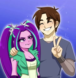 Size: 3100x3207 | Tagged: safe, artist:ameliacostanza, aria blaze, equestria girls, g4, crossover, marvel, peace sign, peter parker, spider-man