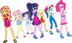 Size: 1561x940 | Tagged: safe, edit, edited screencap, editor:pascalmulokozi2, screencap, applejack, fluttershy, pinkie pie, rainbow dash, rarity, sci-twi, sunset shimmer, twilight sparkle, human, equestria girls, equestria girls specials, g4, i'm on a yacht, my little pony equestria girls: better together, my little pony equestria girls: spring breakdown, clothes, glasses, group, hat, humane five, humane seven, humane six, music video, not a vector, pose, sandals, shoes, simple background, spring break, sunglasses, transparent background