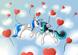 Size: 3035x2150 | Tagged: safe, artist:twinky, oc, pegasus, pony, g4, cloud, duo, female, heart, mare, pegasus oc, wings