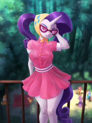 Size: 3000x4000 | Tagged: safe, alternate version, artist:irisarco, apple bloom, applejack, rainbow dash, rarity, scootaloo, sweetie belle, unicorn, anthro, g4, my little pony: friendship is magic, sleepless in ponyville, blurry background, breasts, camping outfit, chest fluff, clothes, day, dress, eyeshadow, female, forest, front view, glasses, grass, horn, lidded eyes, looking at you, makeup, nail polish, nature, outdoors, smiling, solo, standing, sunglasses, tail, tree, watermark