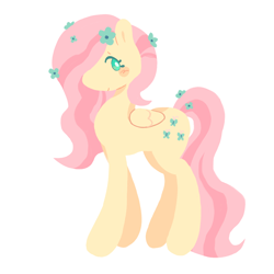 Size: 2048x2048 | Tagged: safe, artist:sleepie-storm, fluttershy, pegasus, pony, g4, blush sticker, blushing, closed mouth, cyan eyes, female, flower, flower in hair, flower in tail, folded wings, full body, hair over one eye, lineless, looking at you, mare, pastel, simple background, smiling, smiling at you, solo, standing, tail, white background, wings