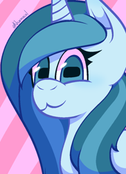 Size: 746x1024 | Tagged: safe, artist:kharmacal, oc, oc only, unnamed oc, pony, unicorn, 2023, :3, blue coat, blue eyes, blue mane, bust, catchlights, horizontal pupils, horn, old art, shading, simple background, solo, striped background, two toned mane