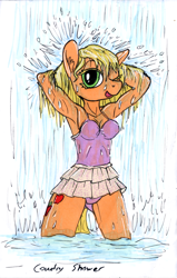 Size: 762x1200 | Tagged: safe, artist:sepiakeys, applejack, anthro, g4, clothes, one-piece swimsuit, solo, swimsuit, water