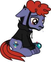 Size: 969x1182 | Tagged: safe, artist:lightningbolt, derpibooru exclusive, earth pony, pony, .svg available, bloodshot eyes, camera, cigarette, clothes, dyed mane, dyed tail, ear piercing, ears back, facial hair, frown, hood, hoodie, jawn rocha, lidded eyes, long sleeves, looking down, piercing, ponified, sad, show accurate, simple background, sitting, smoking, solo, svg, tail, transparent background, vector, waterparks