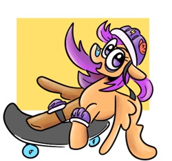 Size: 1020x955 | Tagged: safe, artist:smirk, scootaloo, g4, band-aid, black eye, helmet, knee pads, older, skateboard, solo, sticker