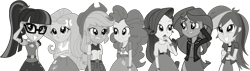 Size: 1998x568 | Tagged: safe, edit, edited screencap, editor:pascalmulokozi2, screencap, applejack, fluttershy, pinkie pie, rainbow dash, rarity, sci-twi, sunset shimmer, twilight sparkle, human, epic fails, equestria girls, g4, my little pony equestria girls: summertime shorts, annoyed, applejack's hat, black and white, clothes, cowboy hat, embarrassed, embarrassed grin, glasses, grayscale, hairpin, hat, humane five, humane seven, humane six, monochrome, not a vector, simple background, skirt, transparent background, unamused, worried, worried smile