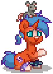 Size: 672x928 | Tagged: safe, oc, oc only, oc:milky way (trixburst), pony, rat, unicorn, pony town, g4, blaze (coat marking), blue hair, blue mane, blue tail, coat markings, cyan eyes, digital art, facial markings, horn, male, offspring, orange coat, parent:sunburst, parent:trixie, parents:trixburst, pixel art, ponytail, raised hoof, scrunchie, simple background, sitting, socks (coat markings), solo, stallion, tail, transparent background, unicorn oc