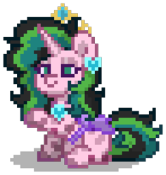 Size: 784x832 | Tagged: safe, oc, oc only, oc:stolen love, alicorn, changeling, changepony, hybrid, pony, pony town, g4, alicorn oc, changeling wings, digital art, ear piercing, female, green eyes, horn, interspecies offspring, jewelry, magical lesbian spawn, mare, multicolored hair, multicolored mane, multicolored tail, necklace, offspring, parent:princess cadance, parent:queen chrysalis, parents:cadalis, piercing, pink coat, pixel art, purple wings, raised hoof, simple background, sitting, solo, tail, tiara, transparent background, wings