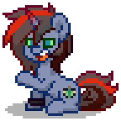 Size: 768x768 | Tagged: safe, oc, oc only, oc:dark shield, hybrid, pony, umbrum, unicorn, pony town, g4, blue coat, blue eyes, bracelet, colored horn, digital art, horn, hybrid oc, interspecies offspring, jewelry, magical gay spawn, male, multicolored hair, multicolored horn, multicolored mane, multicolored tail, offspring, parent:king sombra, parent:shining armor, parents:shiningsombra, pixel art, raised hoof, simple background, sitting, solo, stallion, tail, transparent background, unicorn oc