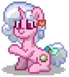 Size: 672x752 | Tagged: safe, oc, oc only, oc:white sugar, pony, unicorn, pony town, g4, bow, digital art, ear piercing, female, horn, magical lesbian spawn, mare, offspring, parent:night glider, parent:sugar belle, parents:sugarglider, piercing, pink coat, pink eyes, pixel art, raised hoof, simple background, sitting, solo, tail, tail bow, transparent background, white hair, white mane, white tail