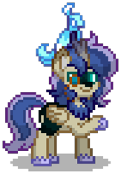 Size: 752x1088 | Tagged: safe, oc, oc only, oc:moon glow, alicorn, hybrid, kirin, phoenix, pony, pony town, g4, alicorn oc, blue hair, blue mane, blue tail, cyan eyes, digital art, facial hair, goatee, gradient horn, horn, hybrid oc, interspecies offspring, kirin oc, magical lesbian spawn, male, monocle, offspring, parent:princess luna, parent:rain shine, parents:rainuna, pixel art, raised hoof, scales, sideburns, simple background, solo, stallion, tail, tan coat, transparent background, wings