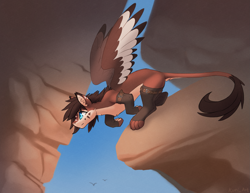 Size: 2183x1687 | Tagged: safe, artist:kuri_art, oc, oc:kuri, sphinx, barely pony related, cheek fluff, chest fluff, colored wings, countershading, feathered wings, female, hybrid oc, multicolored wings, outdoors, partially open wings, signature, wings