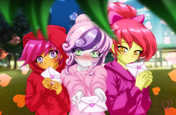 Size: 3000x1956 | Tagged: safe, alternate version, artist:mauroz, apple bloom, scootaloo, spike, sweetie belle, human, equestria girls, g4, alternate hairstyle, apple bloom's bow, blushing, bow, clothes, cutie mark crusaders, female, floating heart, hair bow, heart, high res, holiday, hoodie, human spike, humanized, letter, looking at you, love letter, lucky bastard, male, male pov, offscreen character, offscreen male, outdoors, park, polyamory, pov, ribbon, ship:crusadespike, ship:scootaspike, ship:spikebelle, ship:spikebloom, shipping, signature, spike gets all the fillies, straight, trio, trio female, valentine's day, valentine's day 2025