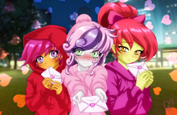 Size: 3000x1956 | Tagged: safe, alternate version, artist:mauroz, apple bloom, scootaloo, sweetie belle, human, equestria girls, g4, alternate hairstyle, blushing, cutie mark crusaders, female, holiday, letter, looking at you, love letter, outdoors, trio, trio female, valentine's day, valentine's day 2025