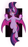 Size: 639x1037 | Tagged: safe, artist:lulubell, twilight sparkle, alicorn, bat pony, bat pony alicorn, g4, alternate eye color, bat wings, belly fluff, chest fluff, colored hooves, colored wings, curved horn, ear tufts, electricity, evil smile, evil twilight, eyeshadow, fangs, female, floating, grin, hooves, horn, looking at you, magic, makeup, mare, passepartout, smiling, solo, species swap, spread wings, two toned wings, underhoof, unshorn fetlocks, wings