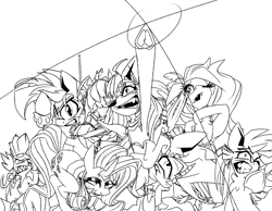 Size: 3508x2728 | Tagged: safe, artist:ybkathan, applejack, fluttershy, pinkie pie, rainbow dash, rarity, spike, twilight sparkle, earth pony, pegasus, pony, unicorn, g4, crossover, horn, sketch, tengen toppa gurren lagann