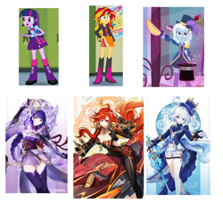 Size: 1492x1355 | Tagged: safe, edit, edited screencap, screencap, sunset shimmer, trixie, twilight sparkle, human, equestria girls, g4, compare, comparison, furina (genshin impact), genshin impact, mavuika (genshin impact), meme, raiden shogun (genshin impact)