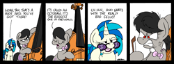 Size: 3414x1263 | Tagged: safe, artist:bobthedalek, dj pon-3, octavia melody, vinyl scratch, earth pony, pony, unicorn, g4, angry, bowtie, cello, comic, dexterous hooves, dialogue, duo, hoof hold, horn, messy mane, musical instrument, octavia is not amused, octobass, red eyes, unamused, vein bulge, vinyl's glasses