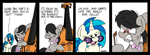 Size: 3414x1263 | Tagged: safe, artist:bobthedalek, dj pon-3, octavia melody, vinyl scratch, earth pony, pony, unicorn, g4, angry, bowtie, cello, comic, dexterous hooves, dialogue, duo, duo female, fat joke, female, hoof hold, horn, messy mane, musical instrument, octavia is not amused, octobass, red eyes, unamused, vein bulge, vinyl's glasses