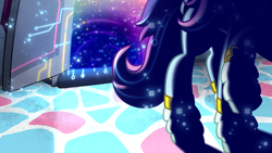 Size: 2400x1350 | Tagged: safe, artist:shad0w-galaxy, earth pony, pony, g5, my little pony: tell your tale, the petal gala, leak, spoiler:g5, spoiler:my little pony: tell your tale, clothes, door, female, mare, odessa evensong, portal, show accurate, solo, style emulation, teaser, technology, time travel