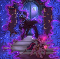 Size: 1815x1768 | Tagged: safe, artist:binibean, nightmare moon, twilight sparkle, alicorn, pony, unicorn, g4, alternate universe, celestia in the moon, duo, duo female, female, full moon, glowing, glowing horn, horn, mare in the moon, moon, scroll, unicorn twilight