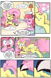 Size: 1800x2740 | Tagged: safe, artist:davaba19, fluttershy, pinkie pie, earth pony, pegasus, g4, bubble, butt, comic, duo, flowing mane, messy mane, phone, pillow, skunk stripe, table, tail, transformation