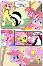 Size: 1800x2740 | Tagged: safe, artist:candyclumsy, fluttershy, pinkie pie, earth pony, pegasus, pony, skunk, comic:one's true self, g4, bipedal, blushing, comic, duo, music notes, skunk stripe, smell, stairs, sugarcube corner, transformation