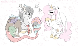 Size: 2000x1183 | Tagged: safe, artist:pink-pone, discord, princess celestia, pony, g4, bouquet, female, flower, male, pink-mane celestia, prehensile tail, ship:dislestia, shipping, simple background, straight, tail, tail hold, white background