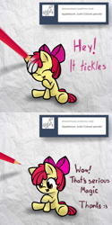 Size: 1280x2562 | Tagged: safe, artist:arielsbx, apple bloom, pony, ask little applebloom, g4, fourth wall, pencil, solo