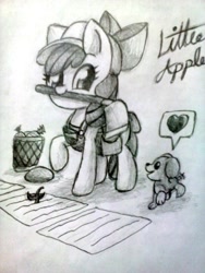 Size: 960x1280 | Tagged: safe, artist:arielsbx, apple bloom, winona, pony, ask little applebloom, g4, chibi, hoe (tool), monochrome, mouth hold, solo, traditional art