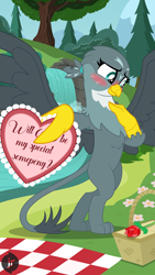 Size: 2160x3840 | Tagged: safe, artist:facelessjr, gabby, griffon, g4, (you), basket, beak, bipedal, blushing, bush, female, flower, hair tie, hand on chest, hearts and hooves day, hearts and hooves day cards, hill, looking away, mountain, nervous, nervous sweat, offscreen character, paws, picnic, picnic basket, picnic blanket, pov, river, rose, show accurate, solo, solo female, tail, talons, tree, vector, water, waterfall, wings