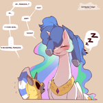 Size: 1500x1500 | Tagged: safe, artist:cold-blooded-twilight, princess celestia, princess luna, alicorn, pony, unicorn, g4, blushing, brown background, butt, dialogue, dock, emanata, female, filly, filly luna, foal, guard, horn, mare, moonbutt, onomatopoeia, plewds, plot, pony hat, royal guard, simple background, sleeping, sound effects, speech bubble, sweat, tail, trio, woona, younger, zzz