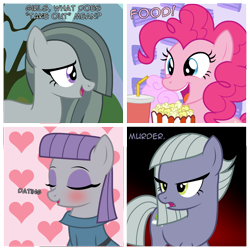 Size: 2090x2090 | Tagged: safe, artist:badumsquish, derpibooru exclusive, limestone pie, marble pie, maud pie, pinkie pie, earth pony, pony, g4, 4 panel comic, blushing, cake, cake slice, comic, cotton candy, dialogue, eyes closed, eyeshadow, female, food, heart, implied mudbriar, implied straight, makeup, mare, ominous, one of these things is not like the other, open mouth, open smile, pie sisters, popcorn, rock farm, show accurate, siblings, sisters, smiling, soda, talking to each other, unamused