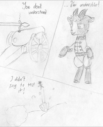 Size: 1080x1322 | Tagged: safe, artist:mannitenerisunt, oc, oc only, oc:joar, goat, 3 panel comic, artillery, boots, cannon, clothes, cloven hooves, comic, goat oc, grin, horns, linstock, military uniform, pelisse, pencil drawing, rearing, rectangular pupil, shoes, smiling, solo, traditional art, uniform