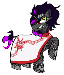 Size: 1122x1296 | Tagged: safe, artist:feenadot, oc, oc only, oc:nero, pony, umbrum, unicorn, blush lines, blushing, cape, clothes, coat markings, crown, fangs, featureless snout, horn, jewelry, leonine tail, looking offscreen, male, male oc, raised hoof, regalia, simple background, solo, symbol, tail, transparent background, unicorn oc