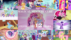 Size: 1280x721 | Tagged: safe, editor:incredibubbleirishguy, editor:quoterific, applejack, fluttershy, pinkie pie, princess cadance, princess celestia, princess luna, rainbow dash, rarity, spike, twilight sparkle, alicorn, unicorn, g4, magical mystery cure, my little pony: friendship is magic, 12, 2013, 2025, clothes, coronation, coronation dress, dress, element of generosity, element of honesty, element of kindness, element of laughter, element of loyalty, element of magic, elements of harmony, female, magical mystery cure 12th anniversary, mane seven, mane six, princess celestia's special princess making dimension, princess coronation, royal sisters, siblings, sisters, text, twilight sparkle (alicorn), unicorn twilight, what my cutie mark is telling me