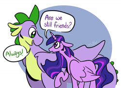 Size: 1436x1037 | Tagged: safe, artist:smirk, spike, twilight sparkle, dragon, g4, dialogue, duo, friendship