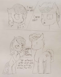 Size: 1908x2405 | Tagged: safe, artist:mannitenerisunt, oc, oc only, oc:cherry bottom, oc:flint spark, earth pony, pony, 3 panel comic, beady eyes, colt, comic, earth pony oc, foal, i am an adult, i need an adult, licking, licking lips, male, no pupils, paper, pencil drawing, rearing, shrunken pupils, stallion, standing, tongue out, traditional art