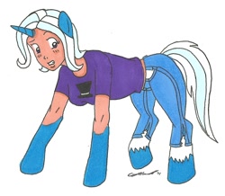 Size: 1059x925 | Tagged: safe, artist:cqmorrell, trixie, human, pony, unicorn, g4, blush lines, blushing, clothes, denim, gritted teeth, horn, human to pony, jeans, looking at self, mid-transformation, pants, raised leg, ripped jeans, ripped pants, shirt, signature, simple background, solo, t-shirt, teeth, torn clothes, traditional art, transformation, white background