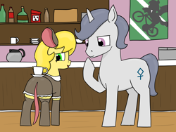 Size: 1440x1080 | Tagged: safe, artist:mannitenerisunt, oc, oc only, oc:golden brisk, oc:silver breeze, earth pony, pony, unicorn, bottle, box, butt, cardboard box, clothes, coffee mug, counter, crossdressing, dress, duo, earth pony oc, female, for you it's on the mouse, goldeeze, hoof on chin, horn, kettle, looking back, male, mare, mouse costume, mug, plot, poster, reverse trap, saucer, socks, stallion, trap, unicorn oc, wooden floor