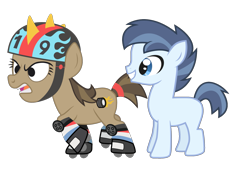 Size: 1707x1155 | Tagged: safe, edit, vector edit, hairpin turn, shady daze, earth pony, pony, g4, crack shipping, female, helmet, male, roller skates, ship:hairpindaze, shipping, simple background, skates, straight, transparent background, vector