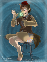 Size: 4080x5400 | Tagged: safe, artist:ferret-badger, doctor whooves, time turner, earth pony, human, pony, g4, absurd resolution, bottomless, character to character, clothes, crossover, doctor who, eleventh doctor, eye color change, heterochromia, human to pony, light skin, male, mid-transformation, motion lines, mouth hold, nudity, partial nudity, ripping clothes, sitting, solo, sonic screwdriver, stool, transformation, underhoof