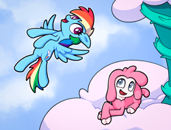 Size: 914x699 | Tagged: safe, rainbow dash, oc, pegasus, sheep, g4, cloud, duo, flying, spread wings, wings