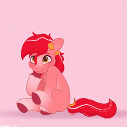 Size: 2480x2480 | Tagged: safe, artist:starburstuwu, oc, oc only, oc:itssim, earth pony, pony, gradient legs, high res, male, pink background, simple background, sitting, smiling, stallion, unshorn fetlocks