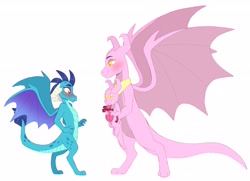 Size: 3387x2451 | Tagged: safe, artist:artistcoolpony, princess ember, oc, oc:rosalie, dragon, g4, blushing, canon x oc, dragoness, duo, duo female, female, height difference, high res, large wings, lesbian, plushie, shipping, simple background, spread wings, white background, wings