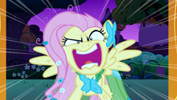 Size: 1920x1080 | Tagged: safe, screencap, fluttershy, pegasus, pony, g4, my little pony: friendship is magic, the best night ever, clothes, dress, female, flower, flower in hair, flutterrage, gala dress, looking at you, mare, messy mane, open mouth, outdoors, spread wings, torn clothes, wings, you're going to love me